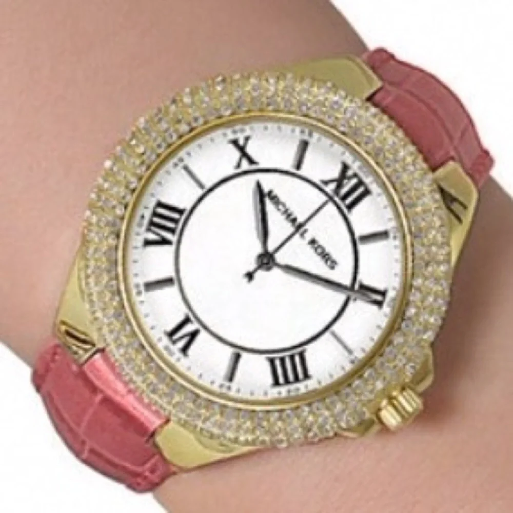 Michael Kors MK2329 Camille Crystal Bezel Pink Leather Watch NIB